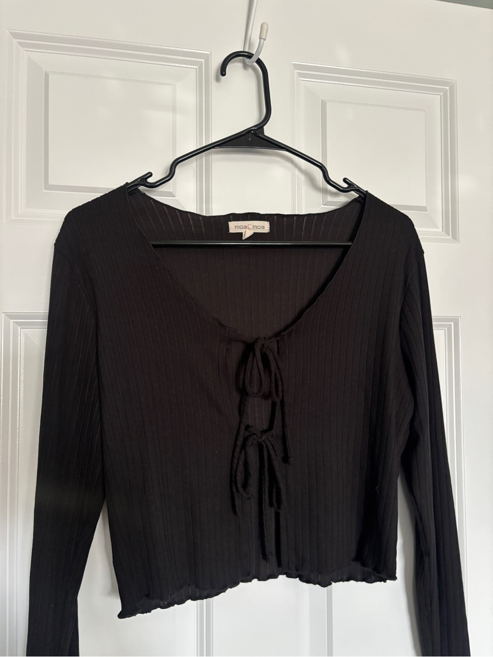 Moa Moa Black Ribbed Tie-Front Long Sleeve Cardigan